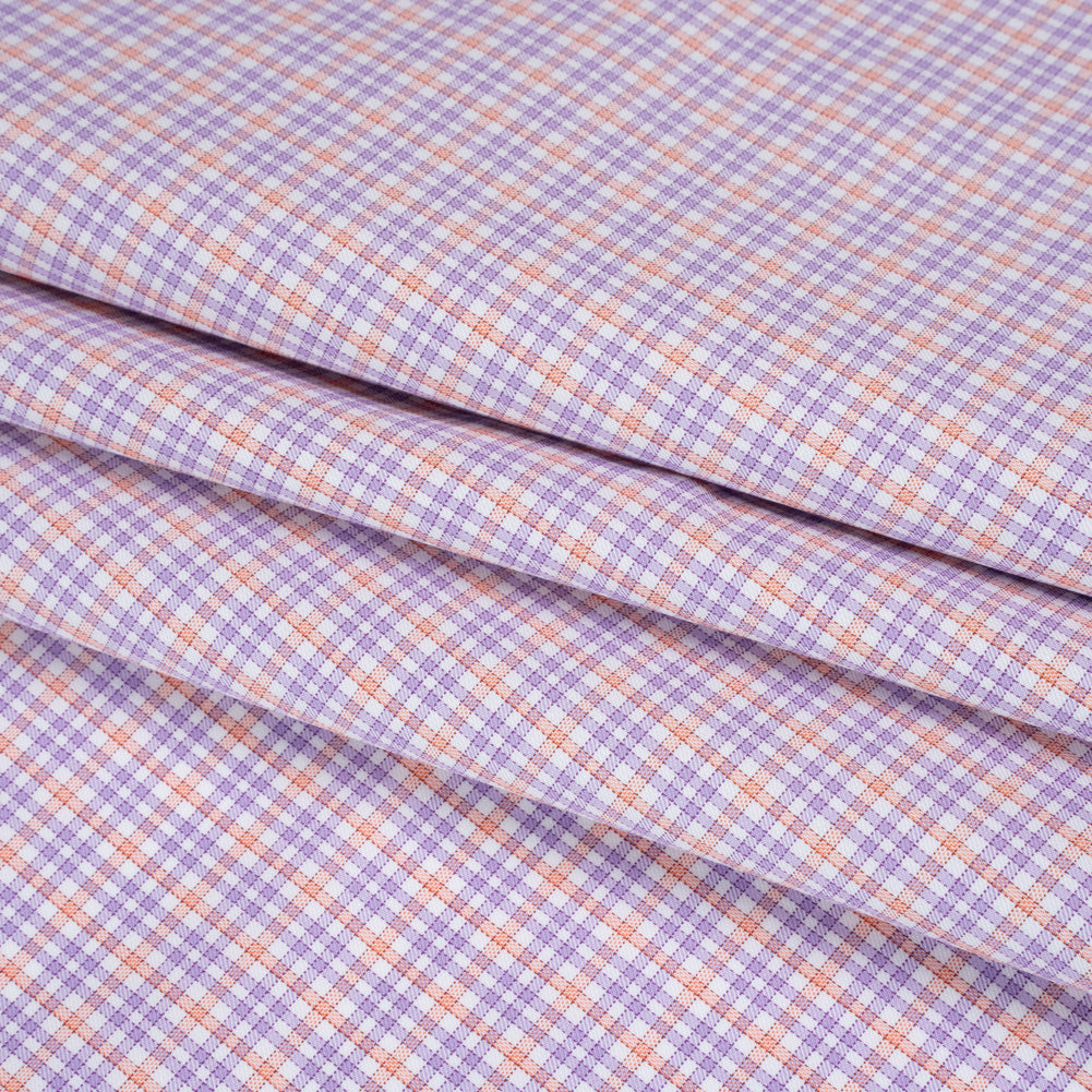 Cotton Twill Shirting - Light Purple, Peachy Orange and White Checks - Designer Deadstock - Folded Cotton Twill Shirting - Light Purple, Peachy Orange and White Checks - Designer Deadstock - Folded