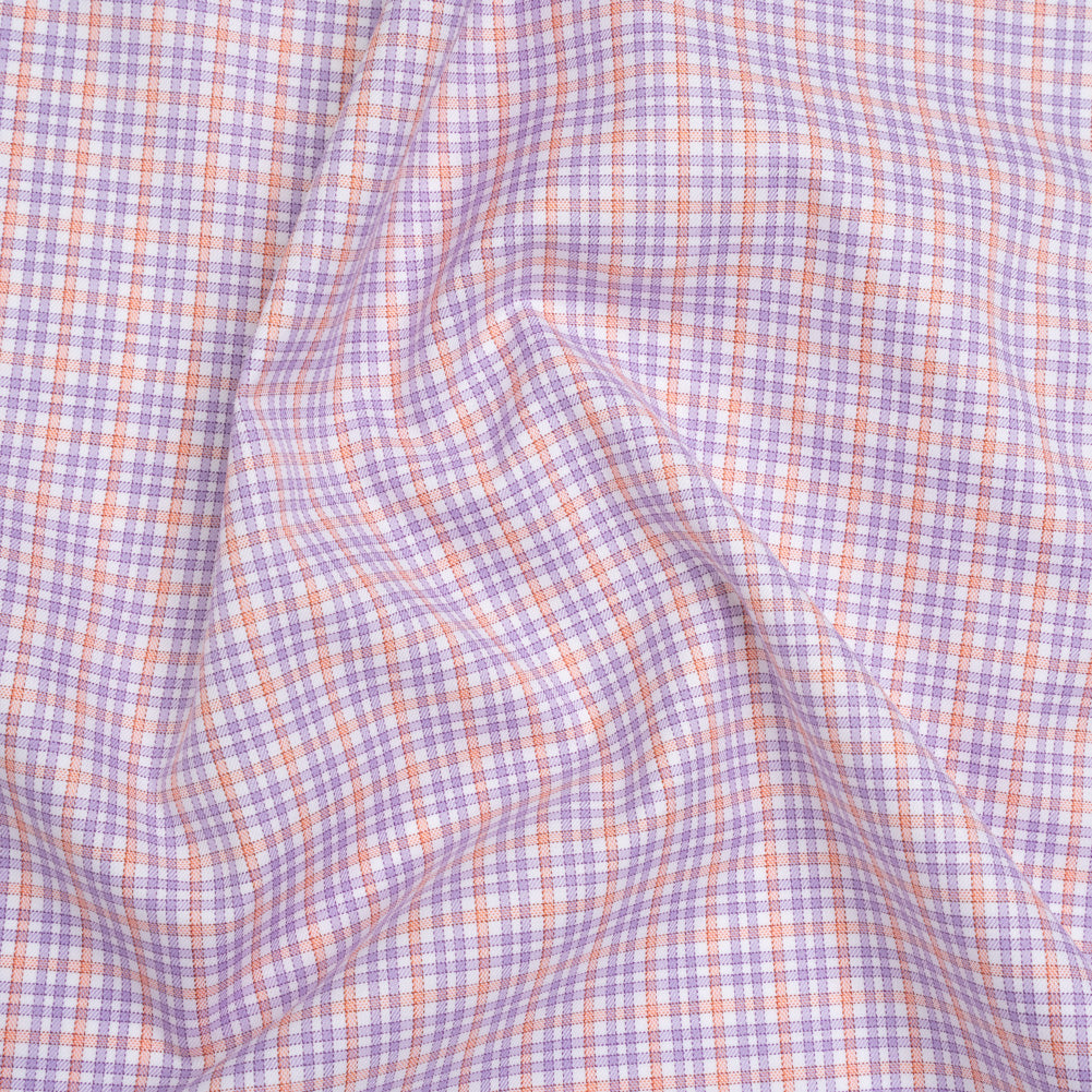 Cotton Twill Shirting - Light Purple, Peachy Orange and White Checks - Designer Deadstock Cotton Twill Shirting - Light Purple, Peachy Orange and White Checks - Designer Deadstock