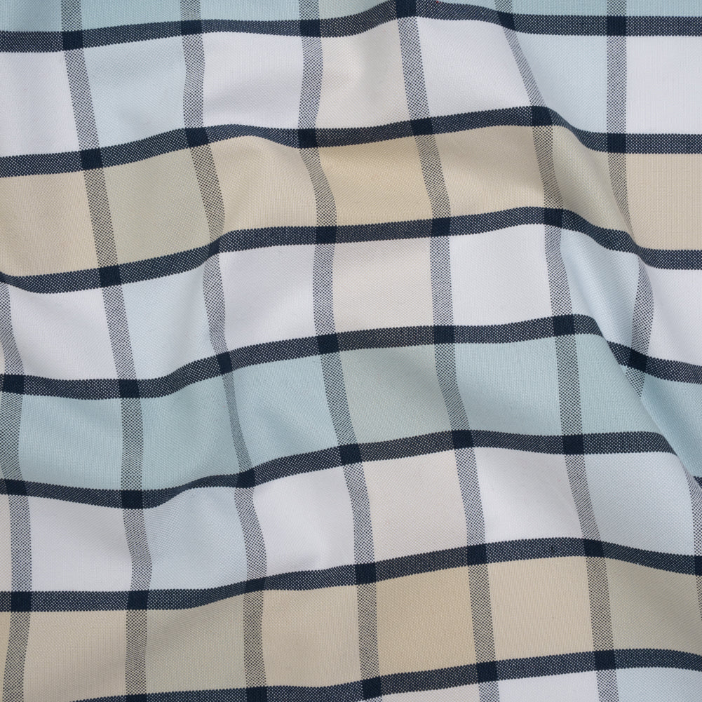 Cotton Oxford Shirting - Beige, Baby Blue and Navy Plaid - Deadstock Cotton Oxford Shirting - Beige, Baby Blue and Navy Plaid - Deadstock