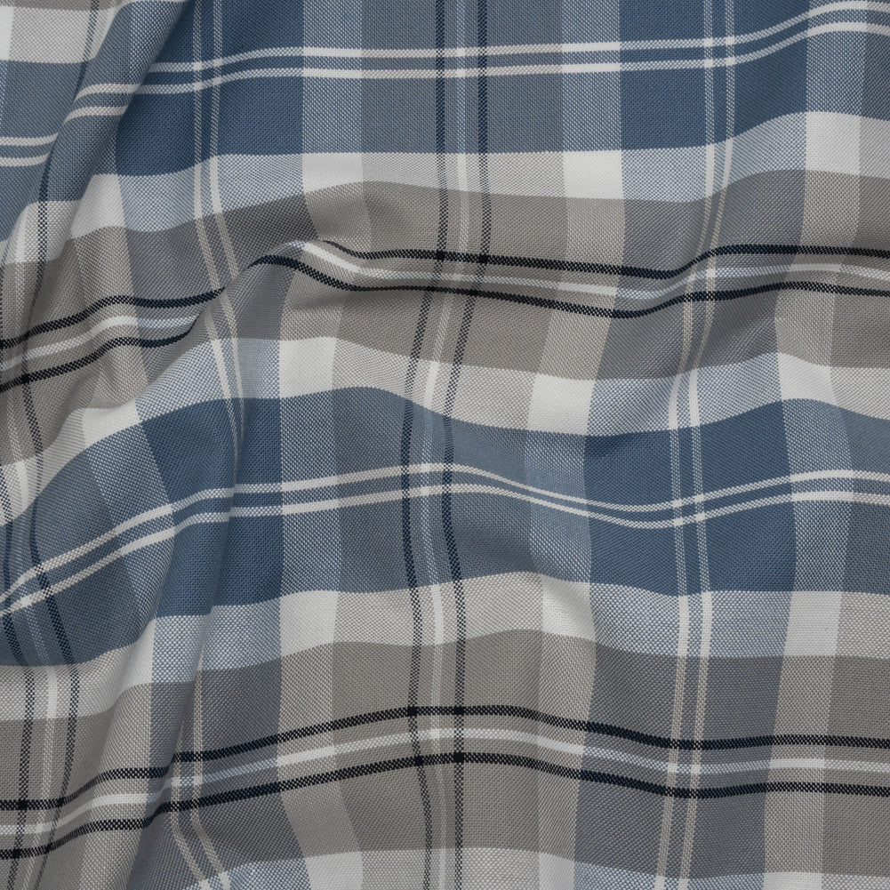 Cotton Oxford Shirting - Country Blue, Steel Gray and Midnight Plaid - Deadstock Cotton Oxford Shirting - Country Blue, Steel Gray and Midnight Plaid - Deadstock