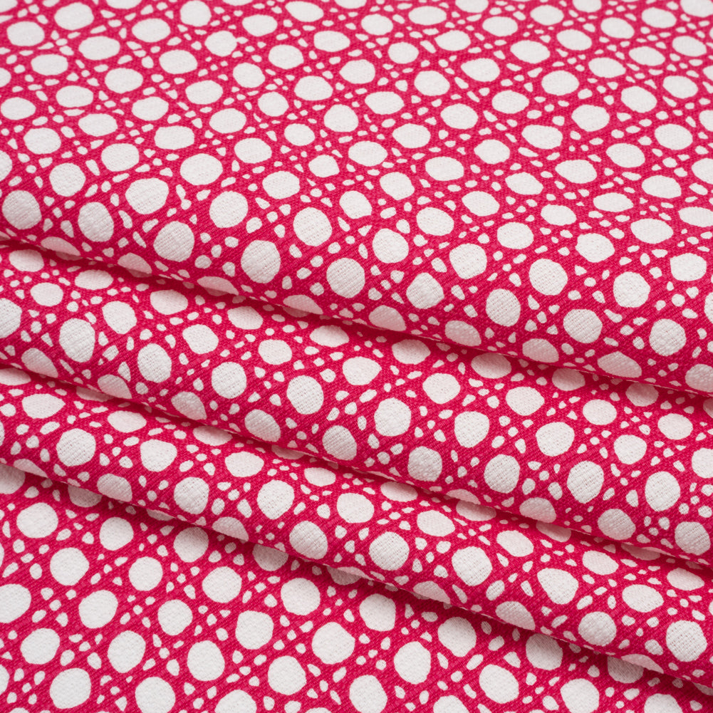 Textured Stretch Cotton Basketweave Panel by Trina Turk - Hot Pink and White Circle Grid and Printed Fringe Border - Designer Deadstock Folded Textured Stretch Cotton Basketweave Panel by Trina Turk - Hot Pink and White Circle Grid and Printed Fringe Border - Designer Deadstock Folded