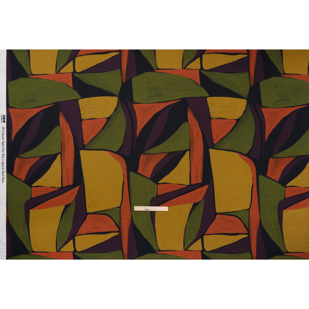 Polyester Satin - Olive Green, Aubergine and Mustard Abstract Shapes - Mood Exclusive Terra Mosaic Print - Full Polyester Satin - Olive Green, Aubergine and Mustard Abstract Shapes - Mood Exclusive Terra Mosaic Print - Full