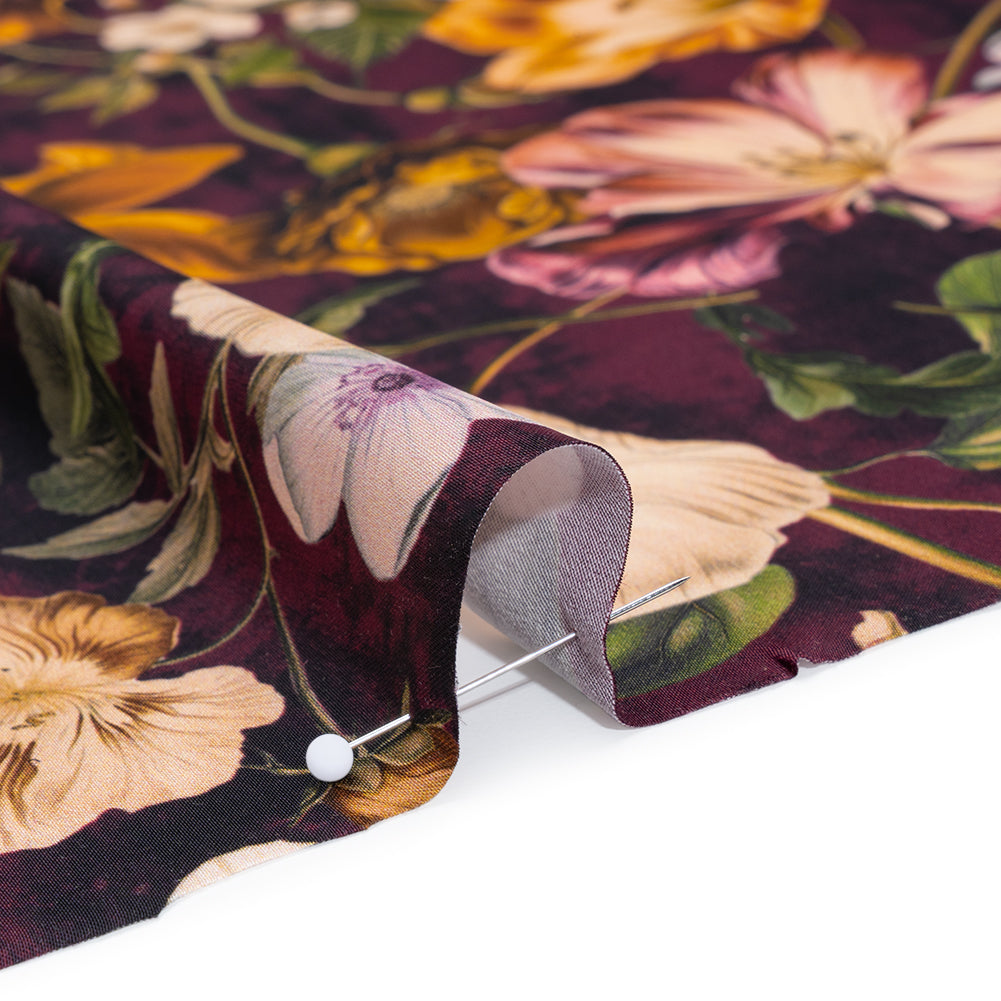 Polyester Satin - Mustard Yellow, Plum Purple and Cream Floral - Mood Exclusive Garden Tangle Print - Detail Polyester Satin - Mustard Yellow, Plum Purple and Cream Floral - Mood Exclusive Garden Tangle Print - Detail