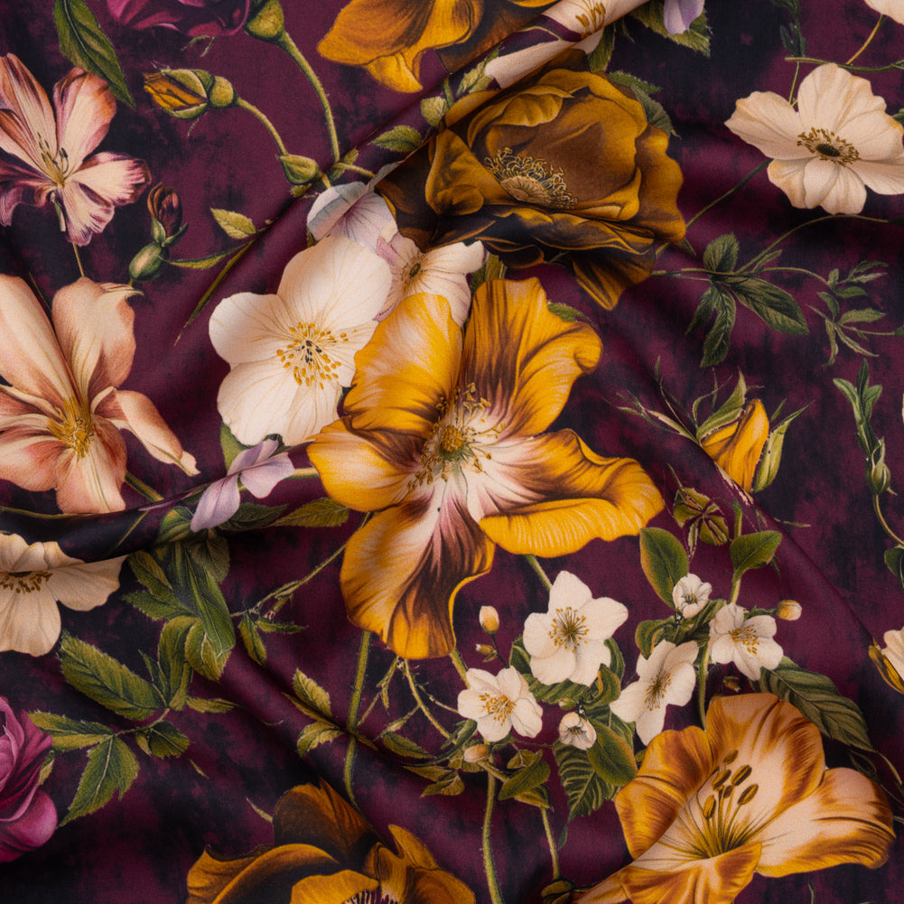 Polyester Satin - Mustard Yellow, Plum Purple and Cream Floral - Mood Exclusive Garden Tangle Print Polyester Satin - Mustard Yellow, Plum Purple and Cream Floral - Mood Exclusive Garden Tangle Print