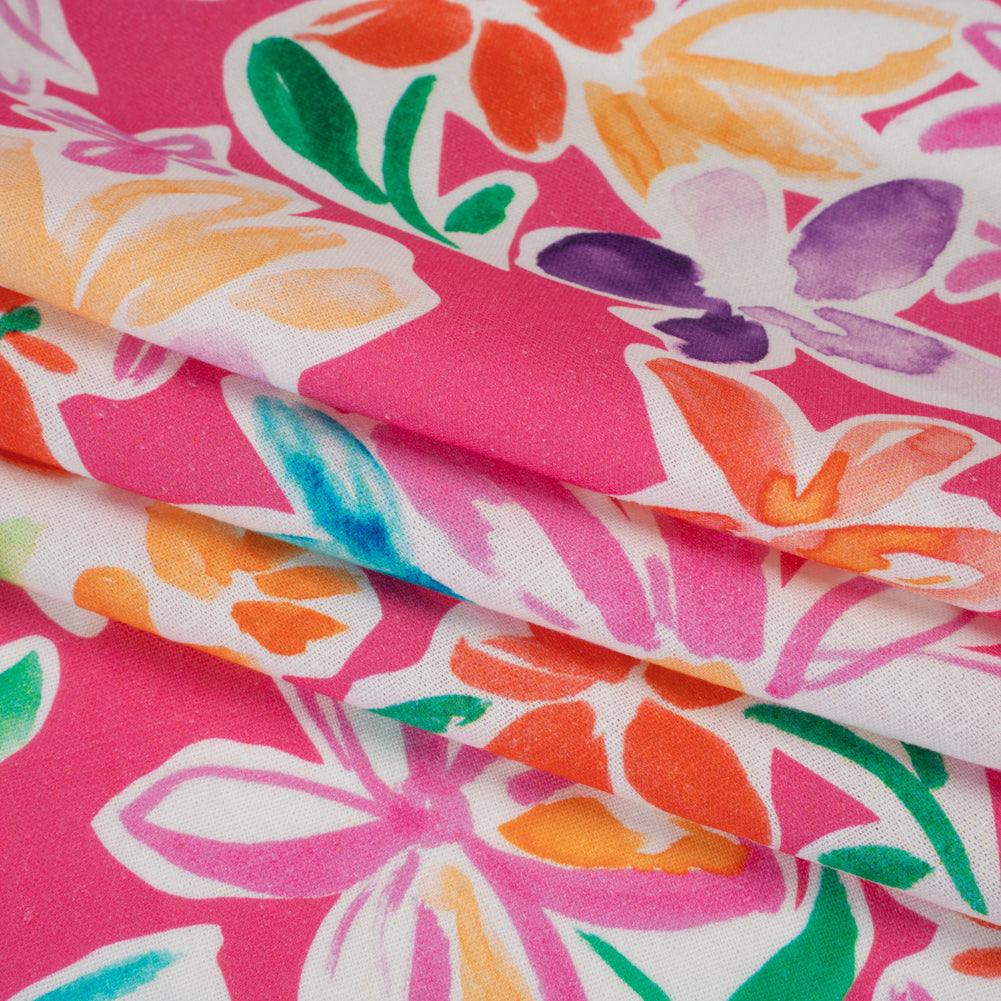 Linen and Rayon Woven - Hot Pink, Purple and Orange Flower Sketches - Mood Exclusive Penpal Petals Print - Folded Linen and Rayon Woven - Hot Pink, Purple and Orange Flower Sketches - Mood Exclusive Penpal Petals Print - Folded