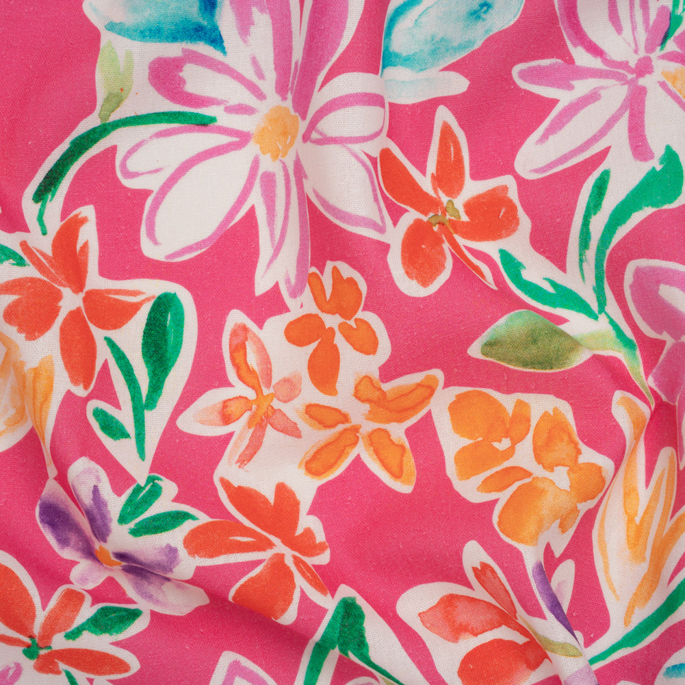 Linen and Rayon Woven - Hot Pink, Purple and Orange Flower Sketches - Mood Exclusive Penpal Petals Print Linen and Rayon Woven - Hot Pink, Purple and Orange Flower Sketches - Mood Exclusive Penpal Petals Print