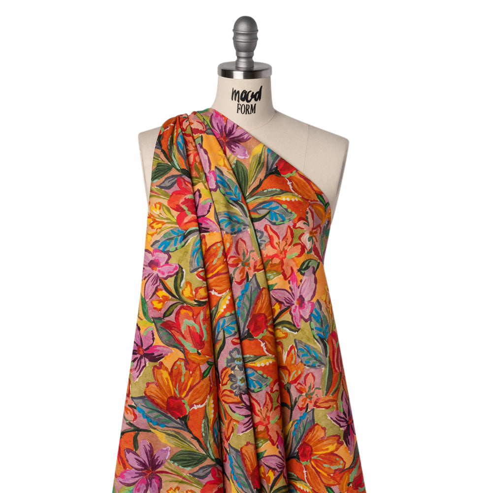 Linen and Rayon Woven - Purple, Orange and Green Painterly Flower Jungle - Mood Exclusive Jungle Jubilee Print Drape Linen and Rayon Woven - Purple, Orange and Green Painterly Flower Jungle - Mood Exclusive Jungle Jubilee Print Drape