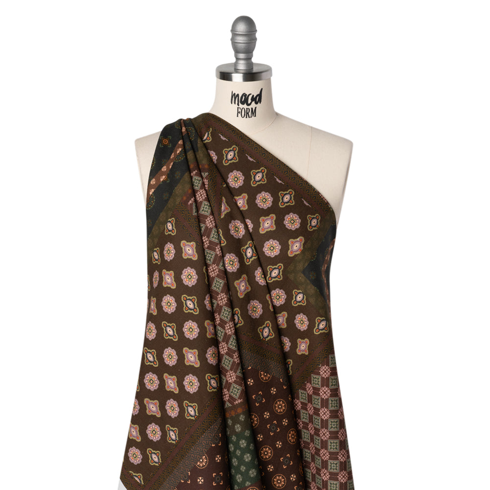 Linen and Rayon Woven - Brown, Dark Green and Olive Medallion Patchwork - Mood Exclusive Sultan’s Splendor Print - Drape Linen and Rayon Woven - Brown, Dark Green and Olive Medallion Patchwork - Mood Exclusive Sultan’s Splendor Print - Drape