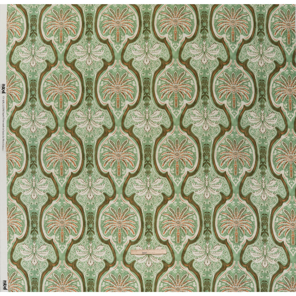 Linen and Rayon Woven - Seafoam, Olive and Burnt Orange Fanciful Palm Ogees - Mood Exclusive Frond Flow Print - Full Linen and Rayon Woven - Seafoam, Olive and Burnt Orange Fanciful Palm Ogees - Mood Exclusive Frond Flow Print - Full