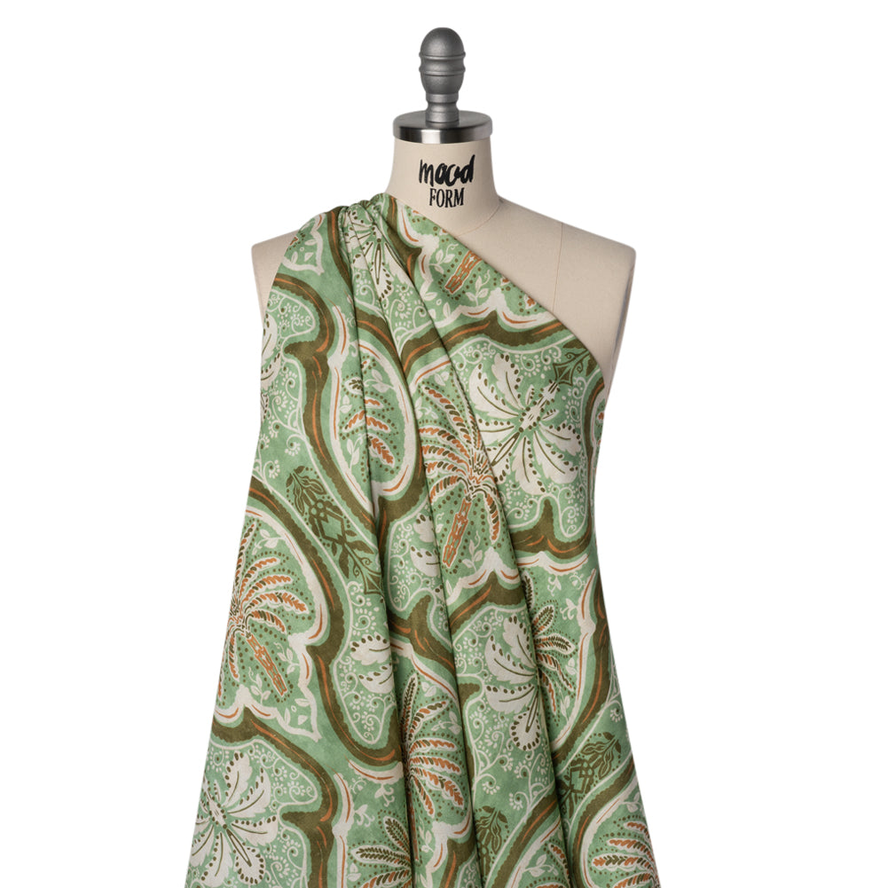 Linen and Rayon Woven - Seafoam, Olive and Burnt Orange Fanciful Palm Ogees - Mood Exclusive Frond Flow Print - Drape Linen and Rayon Woven - Seafoam, Olive and Burnt Orange Fanciful Palm Ogees - Mood Exclusive Frond Flow Print - Drape