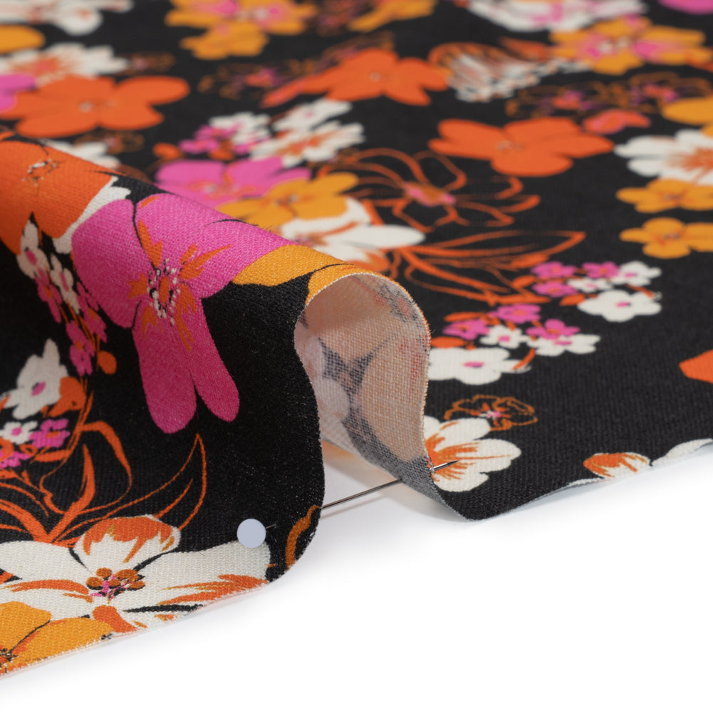 Linen and Rayon Woven - Orange, Hot Pink and Black Floral - Mood Exclusive Hot Tropic Print - Detail Linen and Rayon Woven - Orange, Hot Pink and Black Floral - Mood Exclusive Hot Tropic Print - Detail