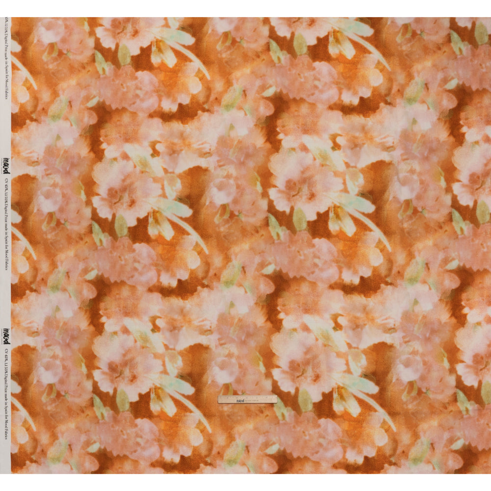 Linen and Rayon Woven - Burnt Orange, Peachy Pink and Soft Green Abstracted Soft Florals - Mood Exclusive Fairy Flare Print - Full Linen and Rayon Woven - Burnt Orange, Peachy Pink and Soft Green Abstracted Soft Florals - Mood Exclusive Fairy Flare Print - Full