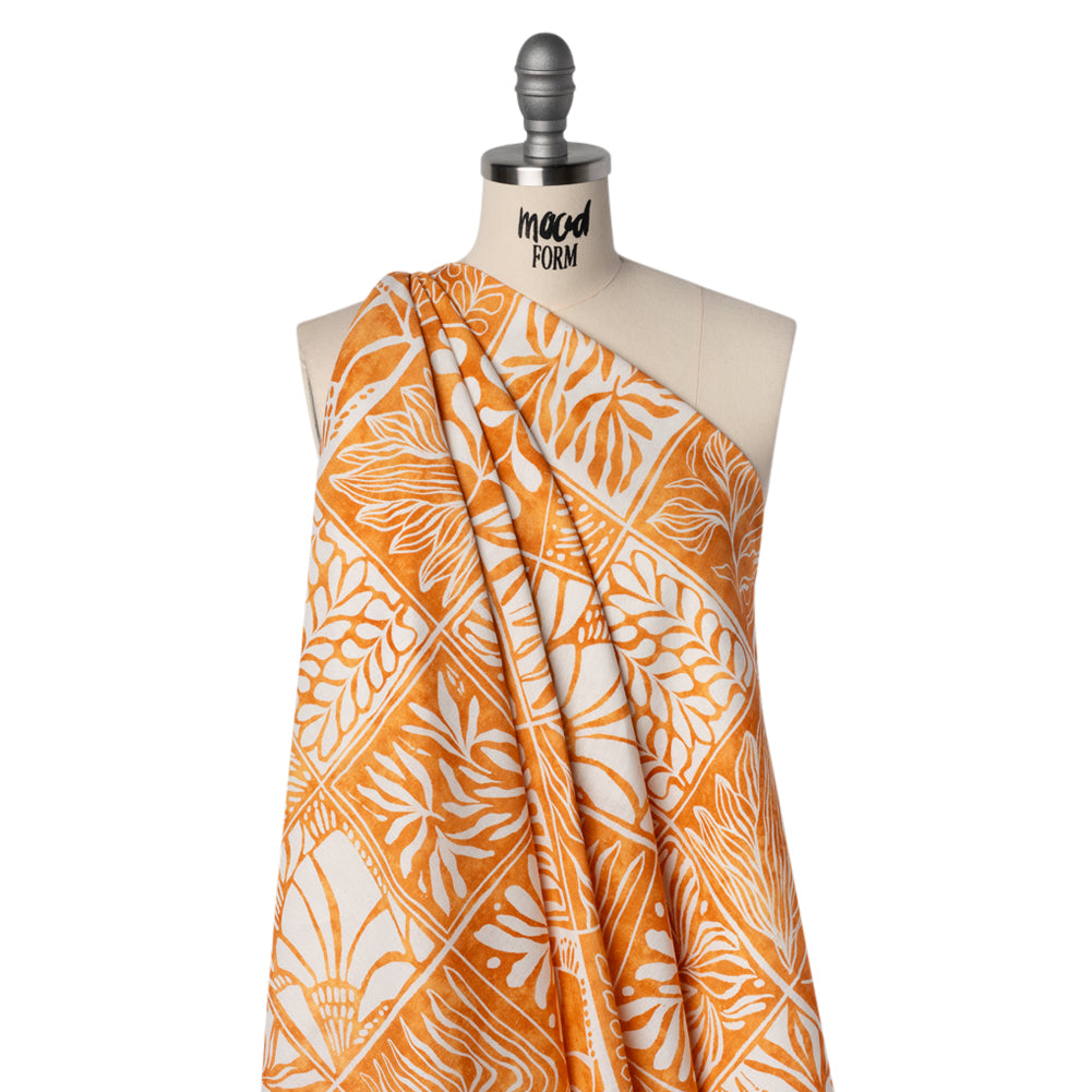 Linen and Rayon Woven - Yellow Ochre and White Leafy Blocks - Mood Exclusive Summer Solace Print - Drape Linen and Rayon Woven - Yellow Ochre and White Leafy Blocks - Mood Exclusive Summer Solace Print - Drape