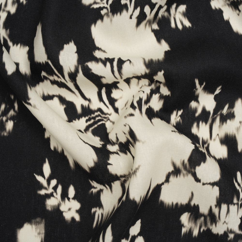 Linen and Rayon Woven - Black and Off White Ikat-Like Floral Silhouettes - Mood Exclusive Dahlia Daydreams Print Linen and Rayon Woven - Black and Off White Ikat-Like Floral Silhouettes - Mood Exclusive Dahlia Daydreams Print