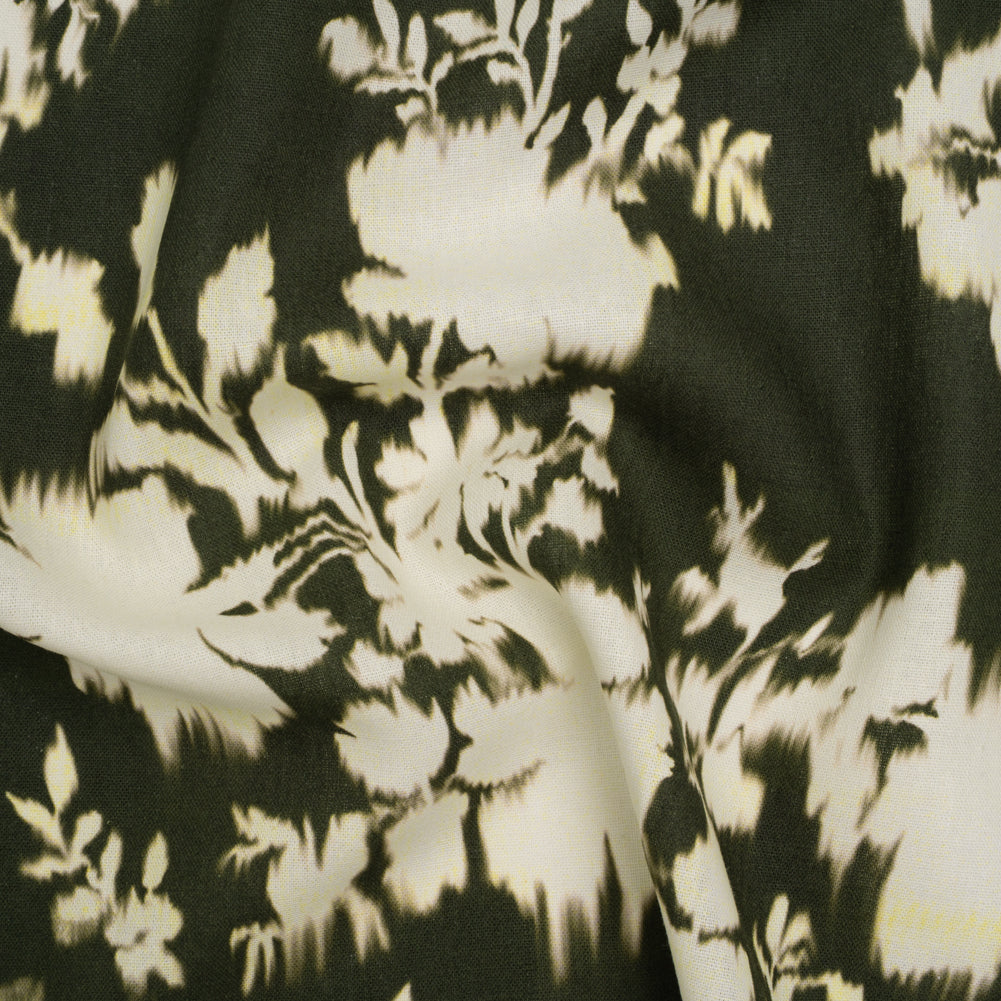 Linen and Rayon Woven - Forest Green and Off White Ikat-Like Floral Silhouettes - Mood Exclusive Dahlia Daydreams Print Linen and Rayon Woven - Forest Green and Off White Ikat-Like Floral Silhouettes - Mood Exclusive Dahlia Daydreams Print