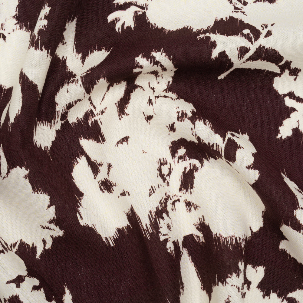 Linen and Rayon Woven - Grape Wine and Off White Ikat-Inspired Floral Silhouettes - Mood Exclusive Summer Sketches Print Linen and Rayon Woven - Grape Wine and Off White Ikat-Inspired Floral Silhouettes - Mood Exclusive Summer Sketches Print