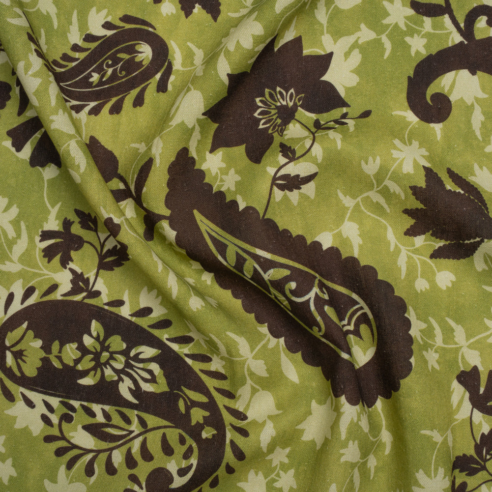 Linen and Rayon Woven - Kiwi Green and Dark Brown Paisley and Vines - Mood Exclusive Groovy Grove Print Linen and Rayon Woven - Kiwi Green and Dark Brown Paisley and Vines - Mood Exclusive Groovy Grove Print
