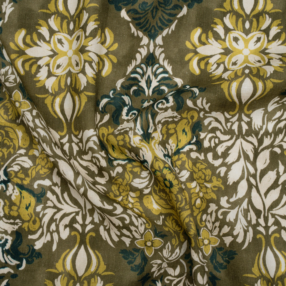 Linen and Rayon Woven - Olive, Lime Green and Cream Floral Diamonds - Mood Exclusive Fleur Filigree Print Linen and Rayon Woven - Olive, Lime Green and Cream Floral Diamonds - Mood Exclusive Fleur Filigree Print
