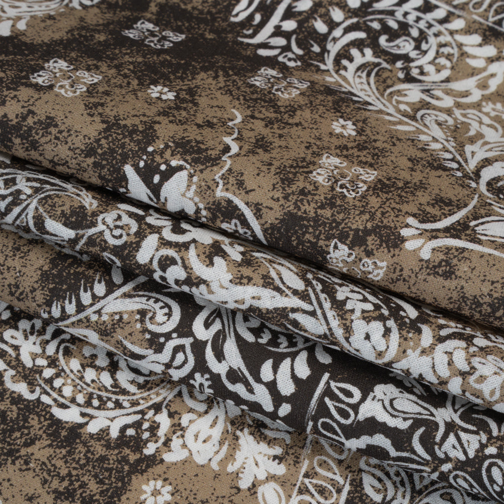 Linen and Rayon Woven - Dark Brown, Beige and White Floral Patches - Mood Exclusive Earthly Envy Print - Folded Linen and Rayon Woven - Dark Brown, Beige and White Floral Patches - Mood Exclusive Earthly Envy Print - Folded