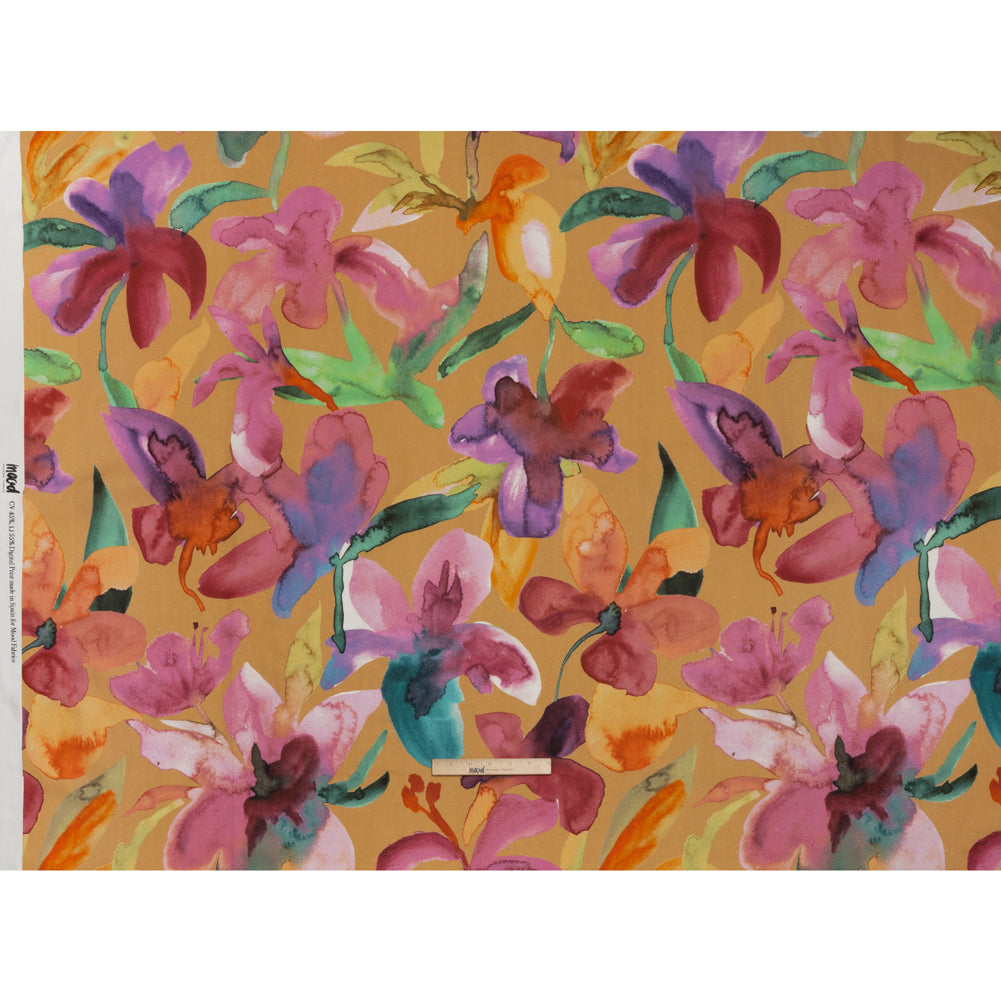 Linen and Rayon Woven - Yellow Ochre, Pink and Purple Watercolor Florals - Mood Exclusive Watercolor Whimsy Print - Full Linen and Rayon Woven - Yellow Ochre, Pink and Purple Watercolor Florals - Mood Exclusive Watercolor Whimsy Print - Full