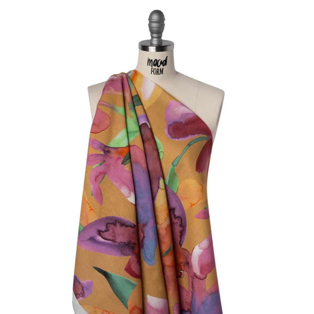 Linen and Rayon Woven - Yellow Ochre, Pink and Purple Watercolor Florals - Mood Exclusive Watercolor Whimsy Print - Drape Linen and Rayon Woven - Yellow Ochre, Pink and Purple Watercolor Florals - Mood Exclusive Watercolor Whimsy Print - Drape