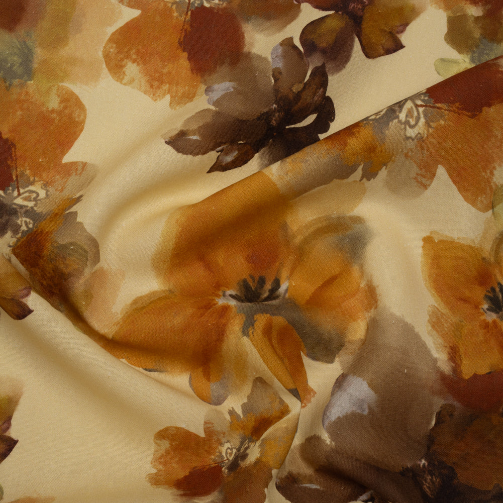 Linen and Rayon Woven - Pale Yellow, Burnt Orange and Brick Painterly Florals - Mood Exclusive Sunwashed Serenade Print Linen and Rayon Woven - Pale Yellow, Burnt Orange and Brick Painterly Florals - Mood Exclusive Sunwashed Serenade Print