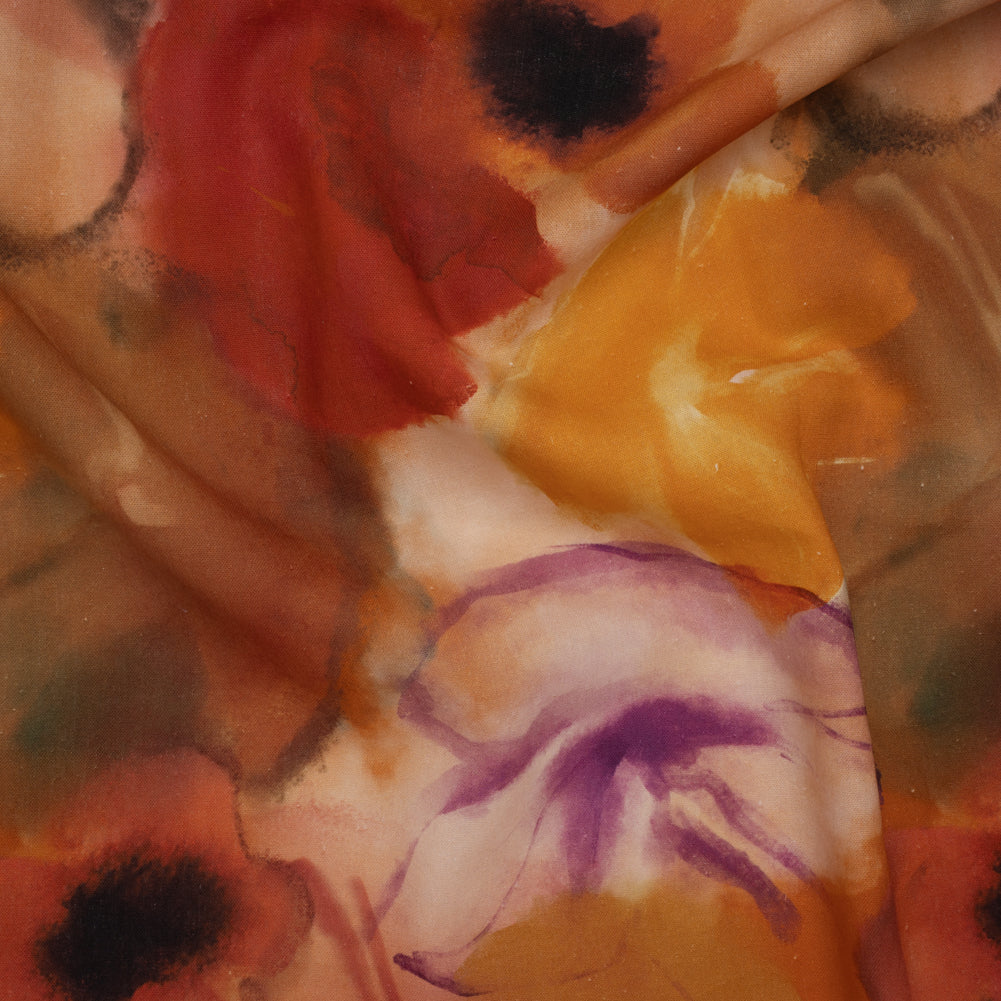 Linen and Rayon Woven - Golden Orange, Red and Purple Soft Flowers - Mood Exclusive Drifting Dreams Print Linen and Rayon Woven - Golden Orange, Red and Purple Soft Flowers - Mood Exclusive Drifting Dreams Print