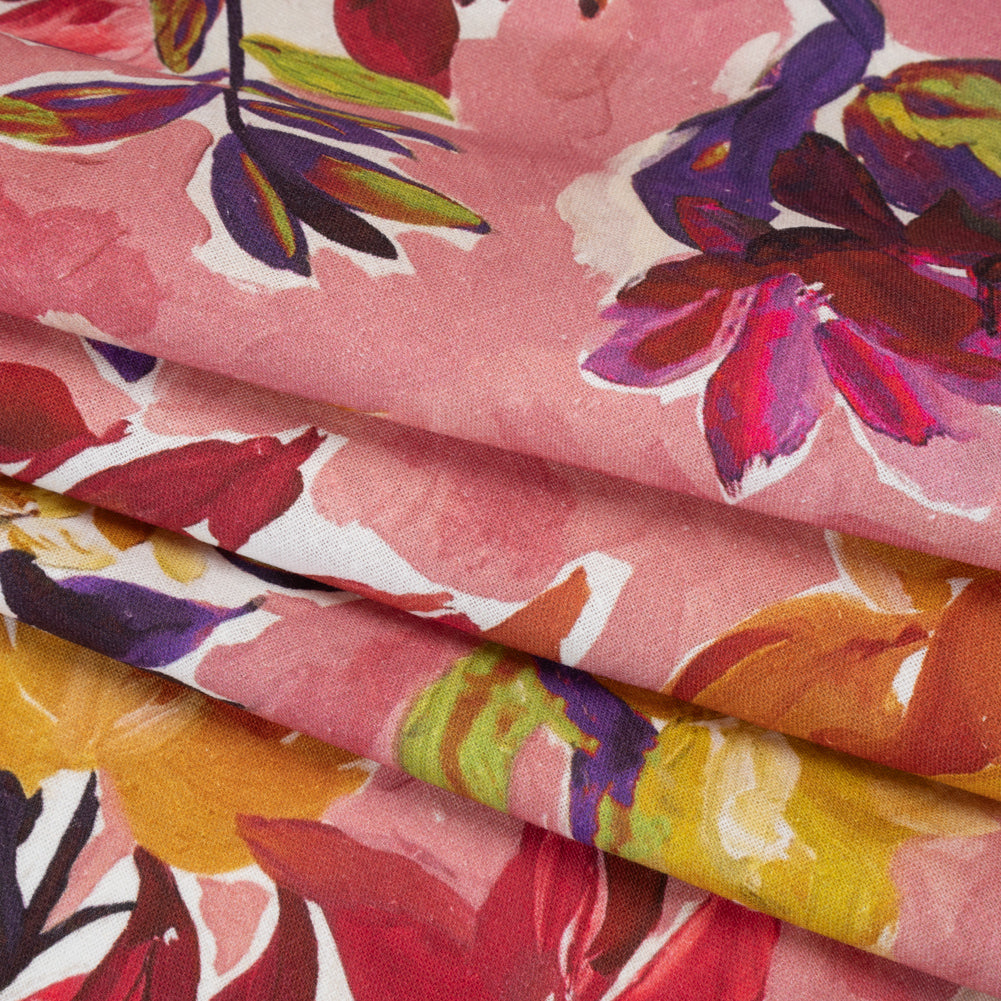 Linen and Rayon Woven - Dusty Rose, Golden Yellow and Dark Purple Painted Flowers - Mood Exclusive Brushstroke Blooms Print - Folded Linen and Rayon Woven - Dusty Rose, Golden Yellow and Dark Purple Painted Flowers - Mood Exclusive Brushstroke Blooms Print - Folded