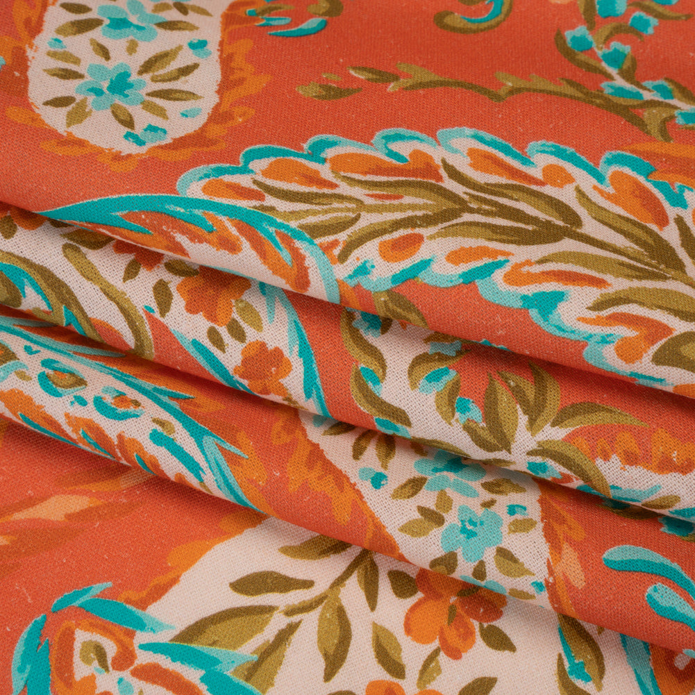 Linen and Rayon Woven - Coral Orange, Turquoise and Olive Green Paisley - Mood Exclusive Fiery Reverie Print Folded Linen and Rayon Woven - Coral Orange, Turquoise and Olive Green Paisley - Mood Exclusive Fiery Reverie Print Folded