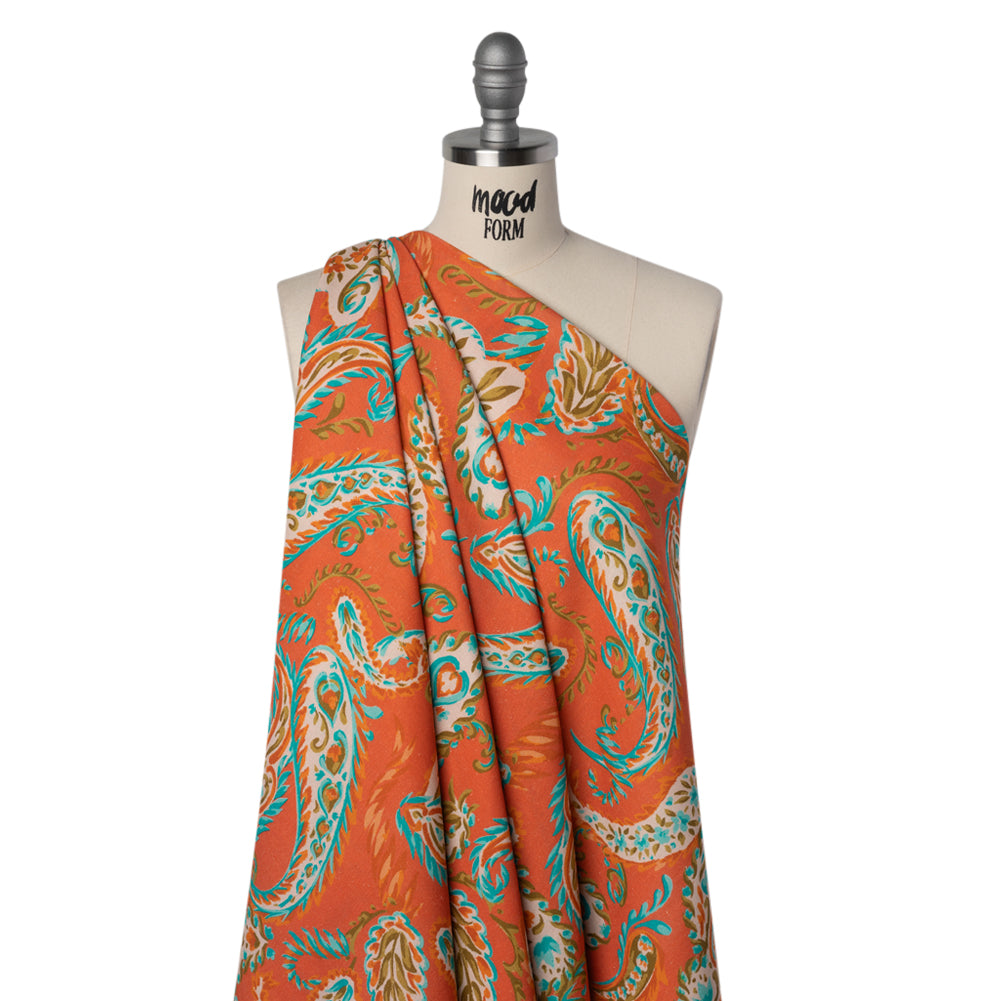 Linen and Rayon Woven - Coral Orange, Turquoise and Olive Green Paisley - Mood Exclusive Fiery Reverie Print Drape Linen and Rayon Woven - Coral Orange, Turquoise and Olive Green Paisley - Mood Exclusive Fiery Reverie Print Drape