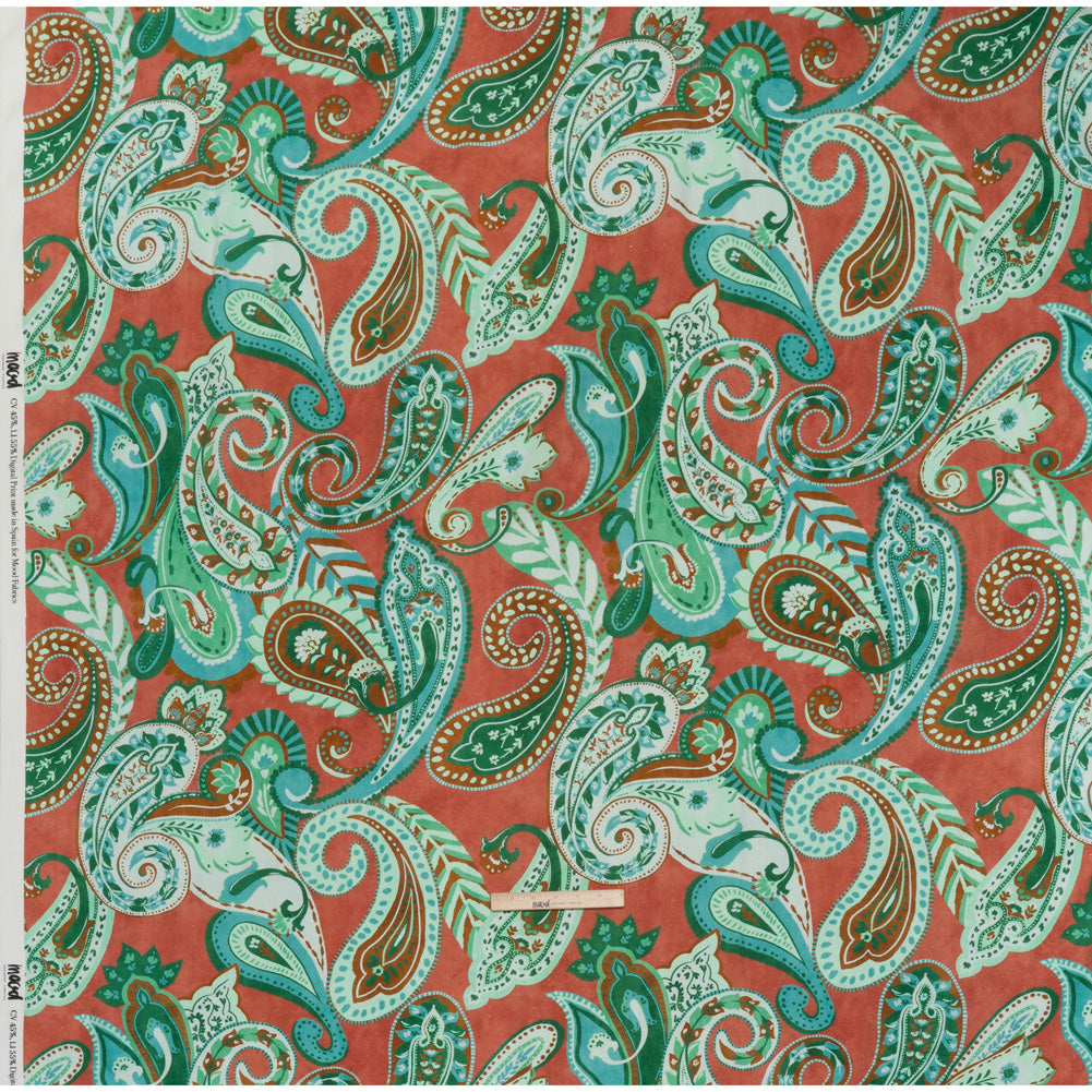 Linen and Rayon Woven - Green, Sky Blue and Ginger Spice Paisley - Mood Exclusive Sprightly Scrolls Print - Full Linen and Rayon Woven - Green, Sky Blue and Ginger Spice Paisley - Mood Exclusive Sprightly Scrolls Print - Full