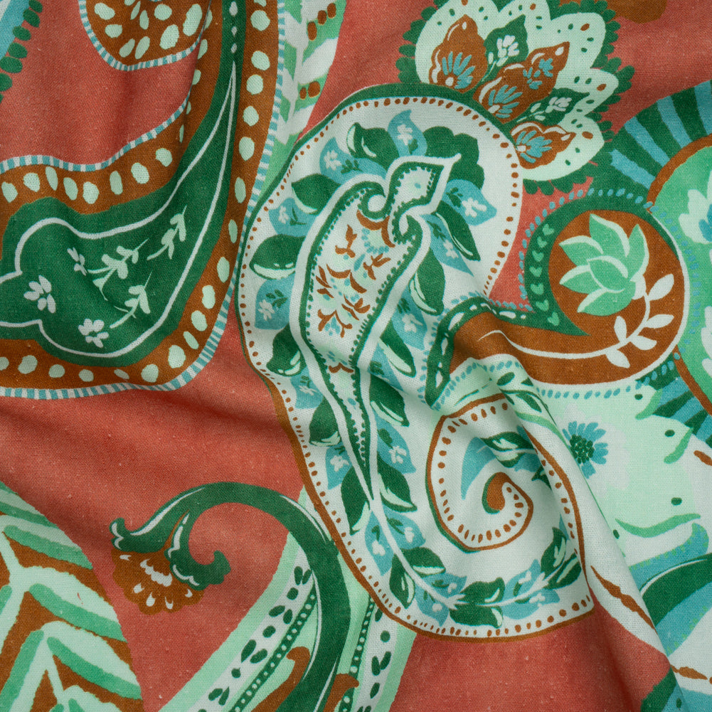Linen and Rayon Woven - Green, Sky Blue and Ginger Spice Paisley - Mood Exclusive Sprightly Scrolls Print Linen and Rayon Woven - Green, Sky Blue and Ginger Spice Paisley - Mood Exclusive Sprightly Scrolls Print