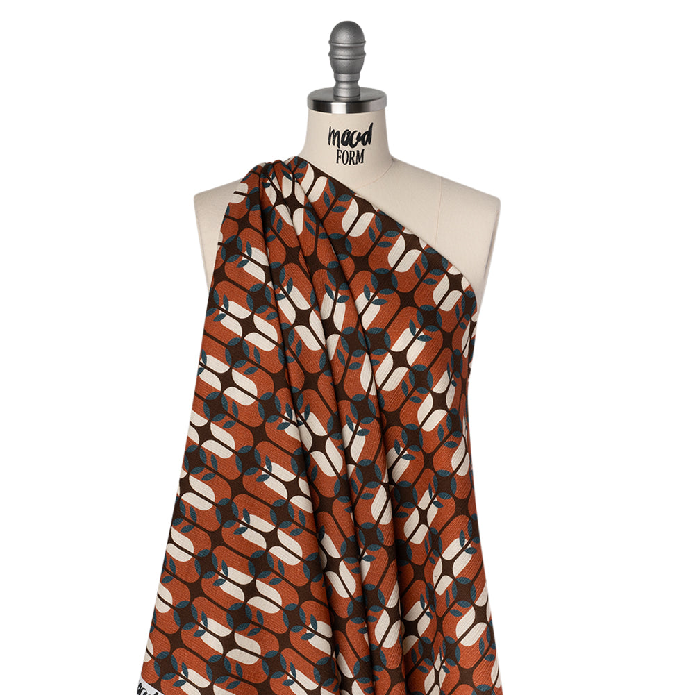 Slubbed Gauzy Cotton Woven - Rust Red, Dark Blue and Coffee Brown Geometric Floral Windows - Mood Exclusive Greenhouse Geometries Print - Drape Slubbed Gauzy Cotton Woven - Rust Red, Dark Blue and Coffee Brown Geometric Floral Windows - Mood Exclusive Greenhouse Geometries Print - Drape