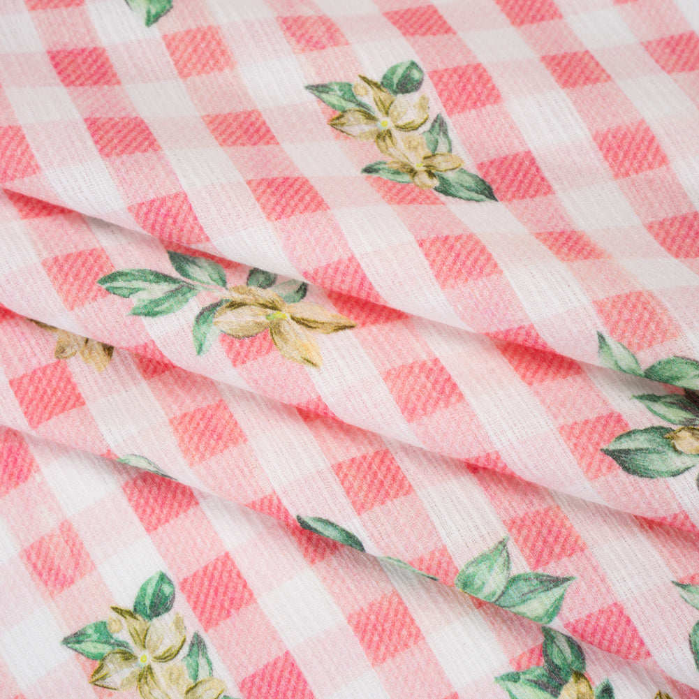 Slubbed Gauzy Cotton Woven - White and Yellow Flowers on Pink Gingham - Mood Exclusive Picnic Petals Print - Folded Slubbed Gauzy Cotton Woven - White and Yellow Flowers on Pink Gingham - Mood Exclusive Picnic Petals Print - Folded
