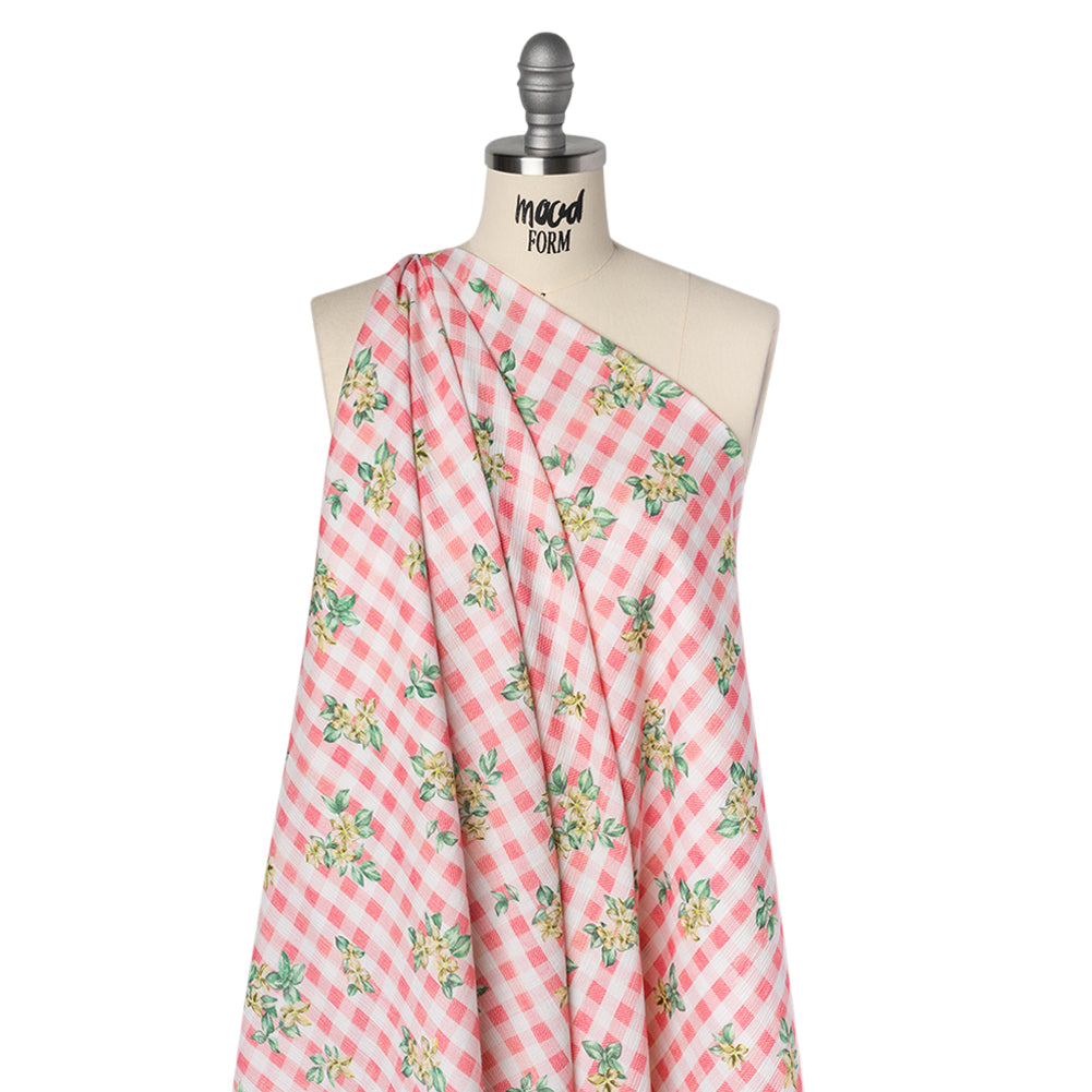 Slubbed Gauzy Cotton Woven - White and Yellow Flowers on Pink Gingham - Mood Exclusive Picnic Petals Print - Drape Slubbed Gauzy Cotton Woven - White and Yellow Flowers on Pink Gingham - Mood Exclusive Picnic Petals Print - Drape