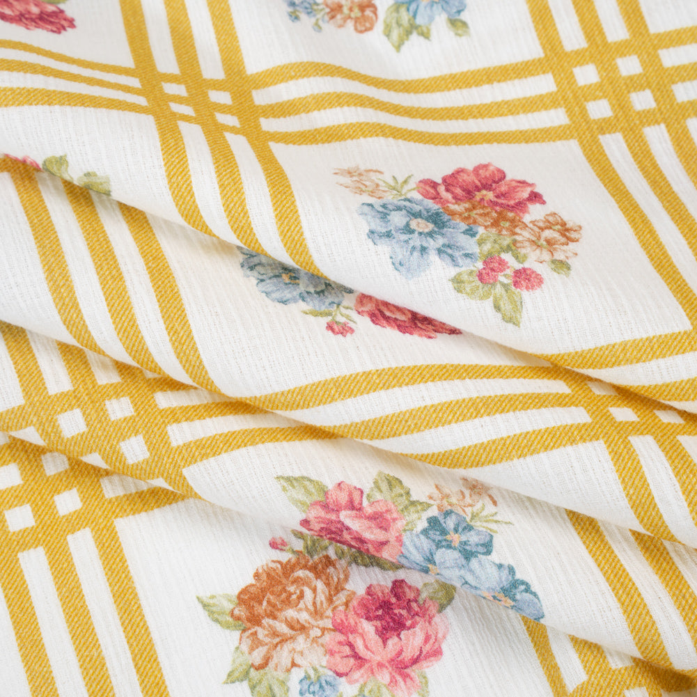 Slubbed Gauzy Cotton Woven - Yellow Ochre, Red and Blue Check with Flower Bouquets - Mood Exclusive Banquet Bouquet Print - Folded Slubbed Gauzy Cotton Woven - Yellow Ochre, Red and Blue Check with Flower Bouquets - Mood Exclusive Banquet Bouquet Print - Folded