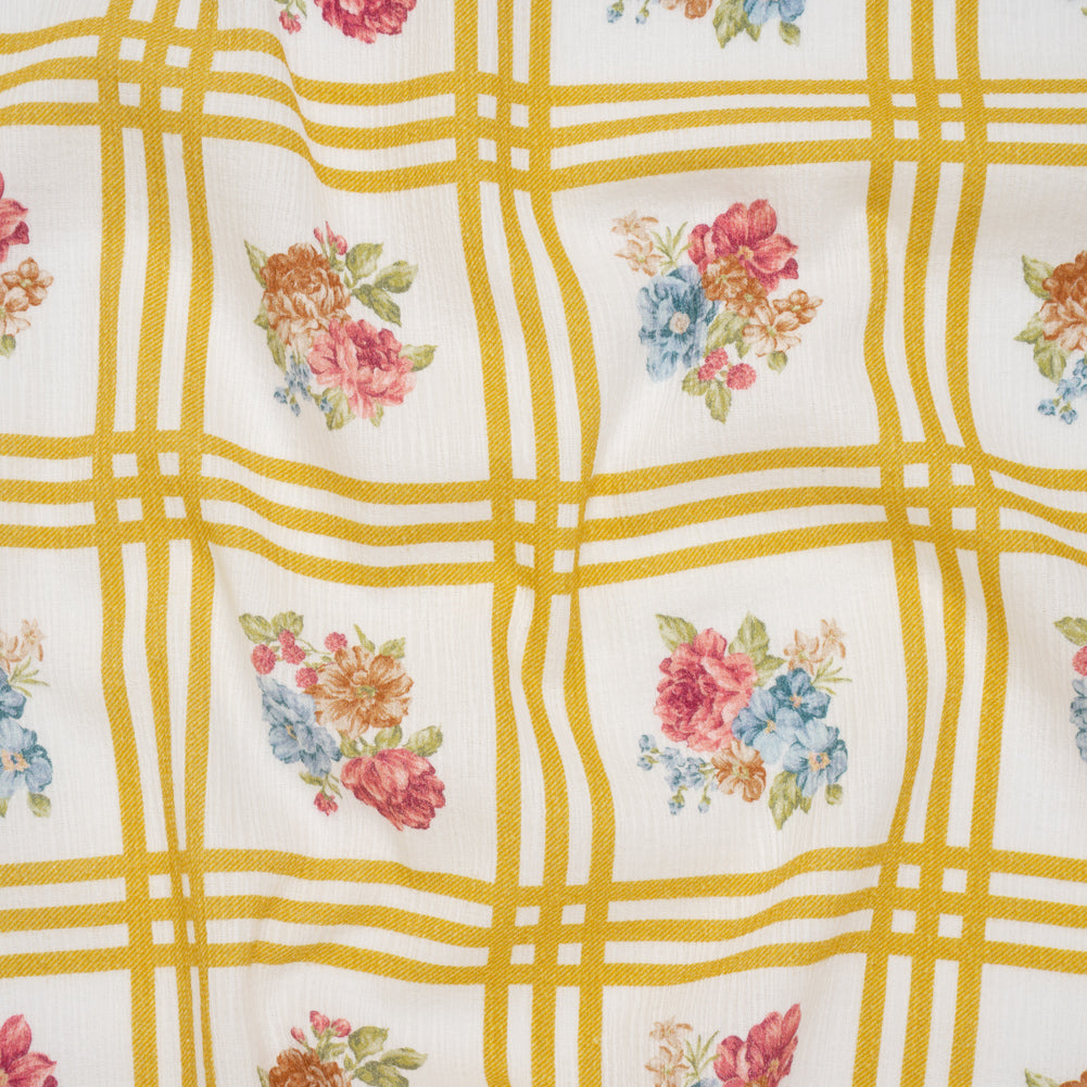 Slubbed Gauzy Cotton Woven - Yellow Ochre, Red and Blue Check with Flower Bouquets - Mood Exclusive Banquet Bouquet Print Slubbed Gauzy Cotton Woven - Yellow Ochre, Red and Blue Check with Flower Bouquets - Mood Exclusive Banquet Bouquet Print