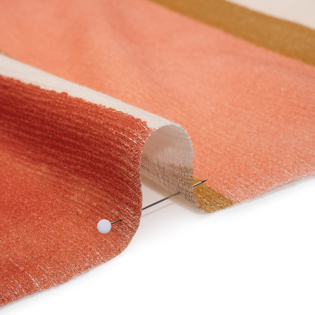 Slubbed Gauzy Cotton Woven - Rust, Peach and Yellow Ochre Stripes - Mood Exclusive Canyon Cove Print - Detail Slubbed Gauzy Cotton Woven - Rust, Peach and Yellow Ochre Stripes - Mood Exclusive Canyon Cove Print - Detail