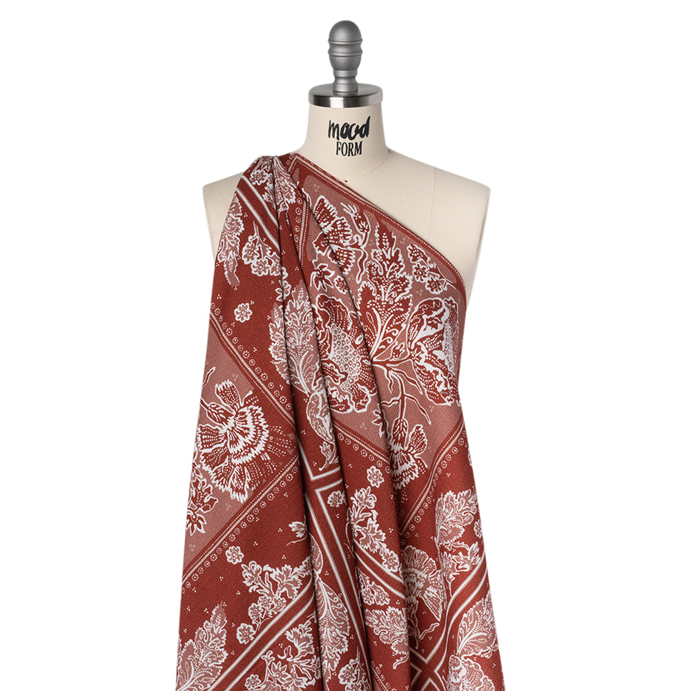 Slubbed Gauzy Cotton Woven - Brick Red and Dusty Rose Floral Handkerchief Panel - Mood Exclusive Needlepoint Picnic Print - Drape Slubbed Gauzy Cotton Woven - Brick Red and Dusty Rose Floral Handkerchief Panel - Mood Exclusive Needlepoint Picnic Print - Drape