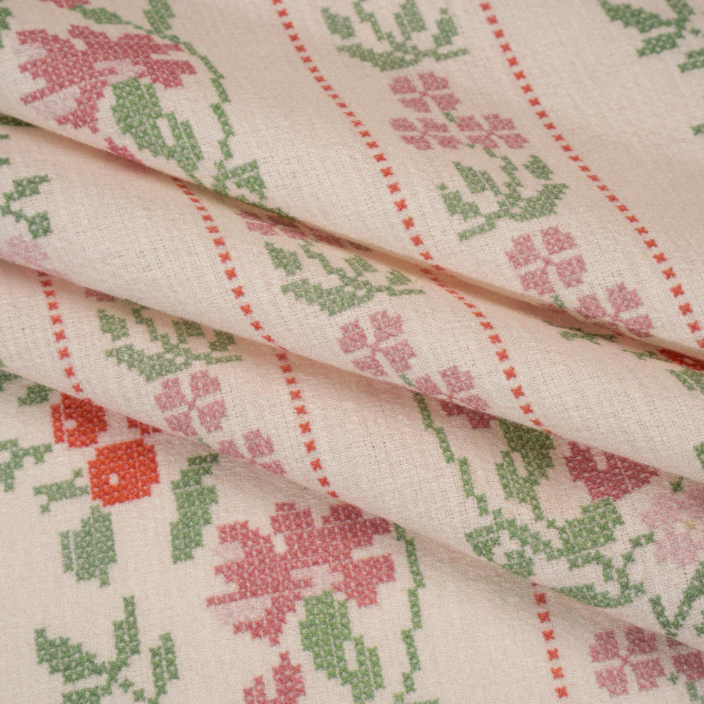 Slubbed Gauzy Cotton Woven - Pale Peach, Pink and Green Cross Stitch Berries and Flowers Stripes - Mood Exclusive Needlepoint Petals Print - Folded Slubbed Gauzy Cotton Woven - Pale Peach, Pink and Green Cross Stitch Berries and Flowers Stripes - Mood Exclusive Needlepoint Petals Print - Folded