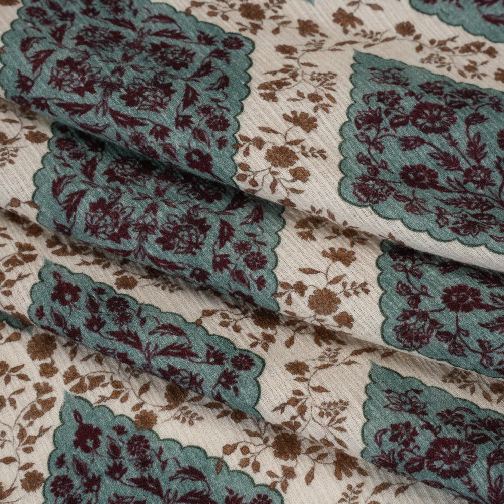 Slubbed Gauzy Cotton Woven - Cream, Dusty Teal and Burgundy Floral Diamonds - Mood Exclusive Garden Grid Print - Folded Slubbed Gauzy Cotton Woven - Cream, Dusty Teal and Burgundy Floral Diamonds - Mood Exclusive Garden Grid Print - Folded