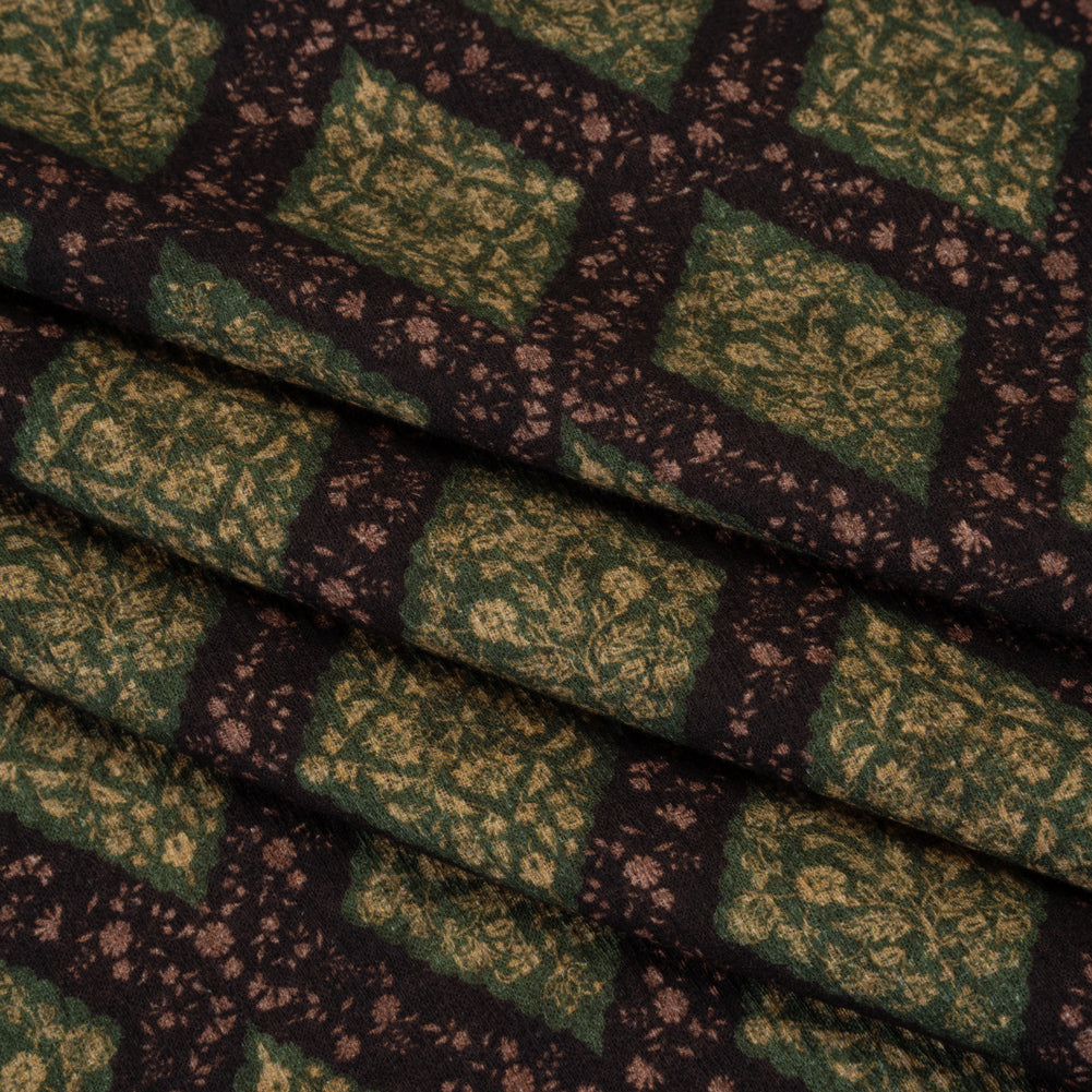 Slubbed Gauzy Cotton Woven - Dark Green, Black and Gilded Beige Small Floral Diamonds - Mood Exclusive Garden Grid Print - Folded Slubbed Gauzy Cotton Woven - Dark Green, Black and Gilded Beige Small Floral Diamonds - Mood Exclusive Garden Grid Print - Folded