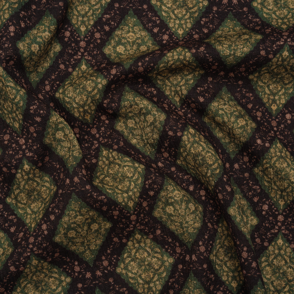 Slubbed Gauzy Cotton Woven - Dark Green, Black and Gilded Beige Small Floral Diamonds - Mood Exclusive Garden Grid Print Slubbed Gauzy Cotton Woven - Dark Green, Black and Gilded Beige Small Floral Diamonds - Mood Exclusive Garden Grid Print