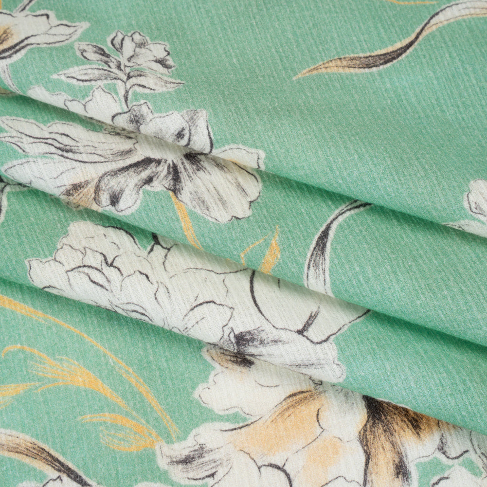 Slubbed Gauzy Cotton Woven - Mint Green, Golden Yellow and Off White Floral - Mood Exclusive Color Me Chrysanthemum Print - Folded Slubbed Gauzy Cotton Woven - Mint Green, Golden Yellow and Off White Floral - Mood Exclusive Color Me Chrysanthemum Print - Folded