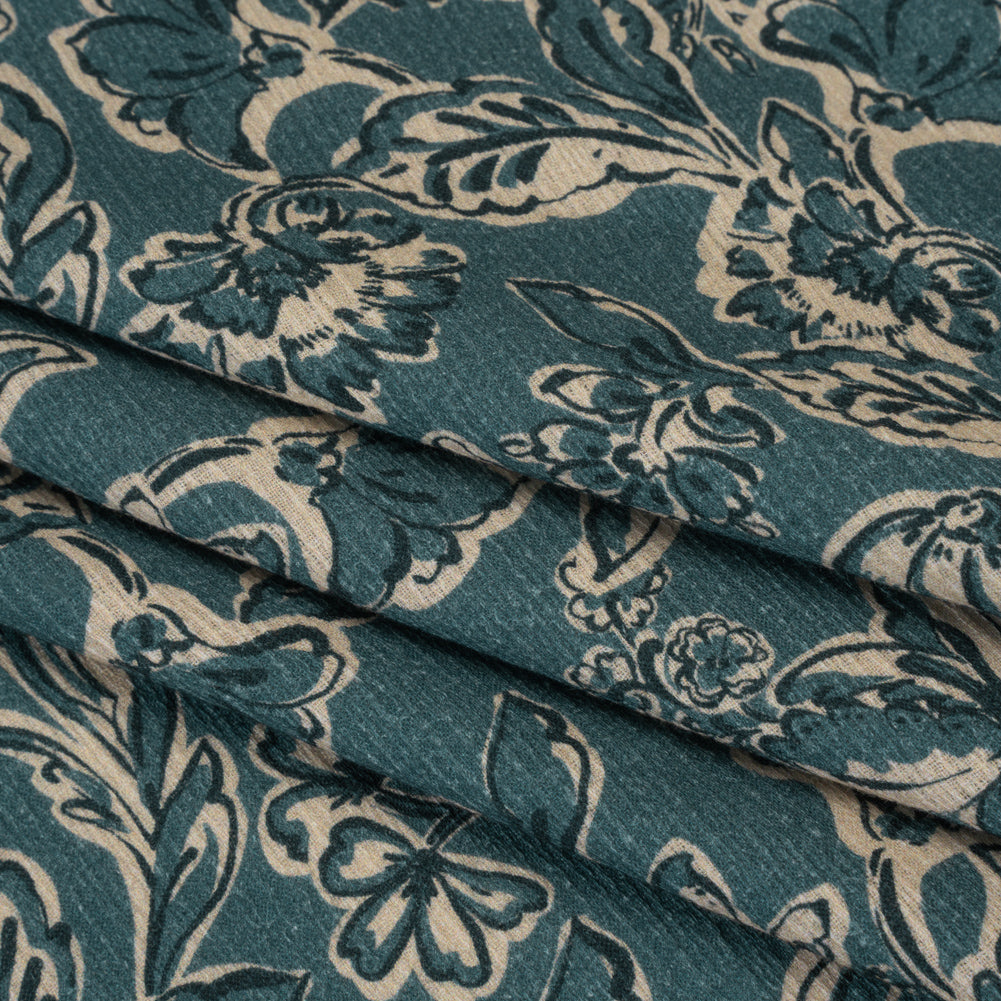 Slubbed Gauzy Cotton Woven - Sea Blue, Cream and Black Floral - Mood Exclusive Cottage Crawl Print - Folded Slubbed Gauzy Cotton Woven - Sea Blue, Cream and Black Floral - Mood Exclusive Cottage Crawl Print - Folded