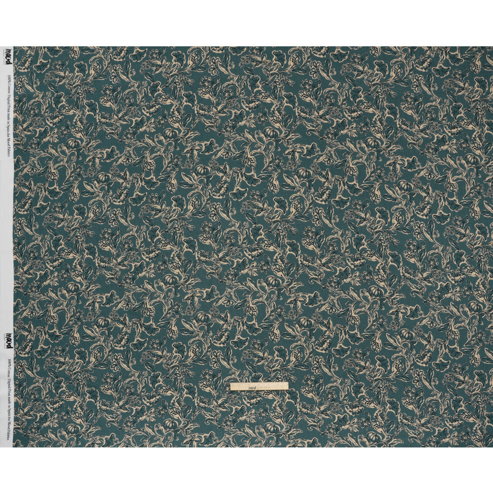 Slubbed Gauzy Cotton Woven - Sea Blue, Cream and Black Floral - Mood Exclusive Cottage Crawl Print - Full Slubbed Gauzy Cotton Woven - Sea Blue, Cream and Black Floral - Mood Exclusive Cottage Crawl Print - Full