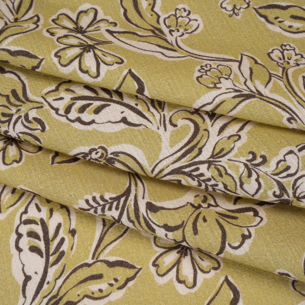 Slubbed Gauzy Cotton Woven - Pistachio Green, Cream and Dark Brown Floral - Mood Exclusive Cottage Crawl Print - Folded Slubbed Gauzy Cotton Woven - Pistachio Green, Cream and Dark Brown Floral - Mood Exclusive Cottage Crawl Print - Folded