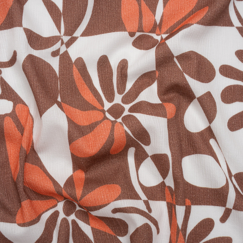 Slubbed Gauzy Cotton Woven - Brown, Coral and White Retro Geometric Patchwork and Flowers - Mood Exclusive Graphic Garden Print Slubbed Gauzy Cotton Woven - Brown, Coral and White Retro Geometric Patchwork and Flowers - Mood Exclusive Graphic Garden Print