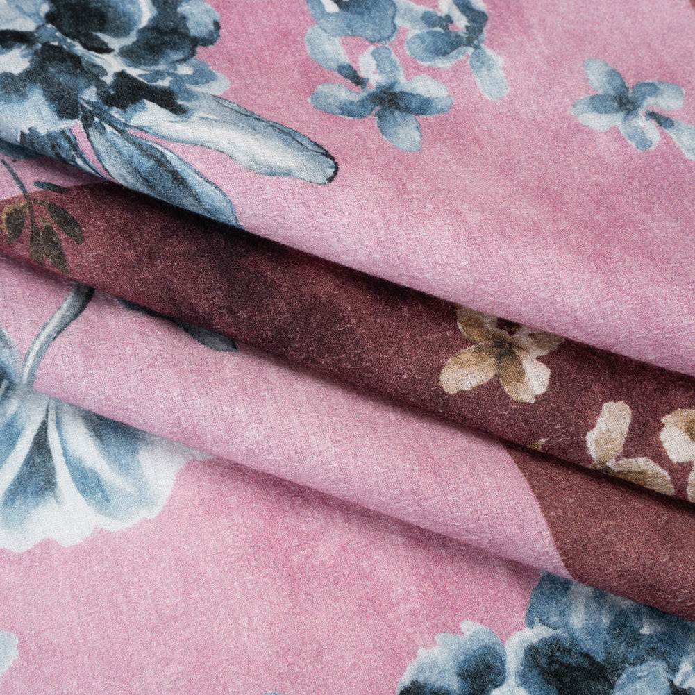 Slubbed Gauzy Cotton Woven - Rose, Brown and Blue Big Floral Checkerboard - Mood Exclusive Checkerbloom Print - Folded Slubbed Gauzy Cotton Woven - Rose, Brown and Blue Big Floral Checkerboard - Mood Exclusive Checkerbloom Print - Folded