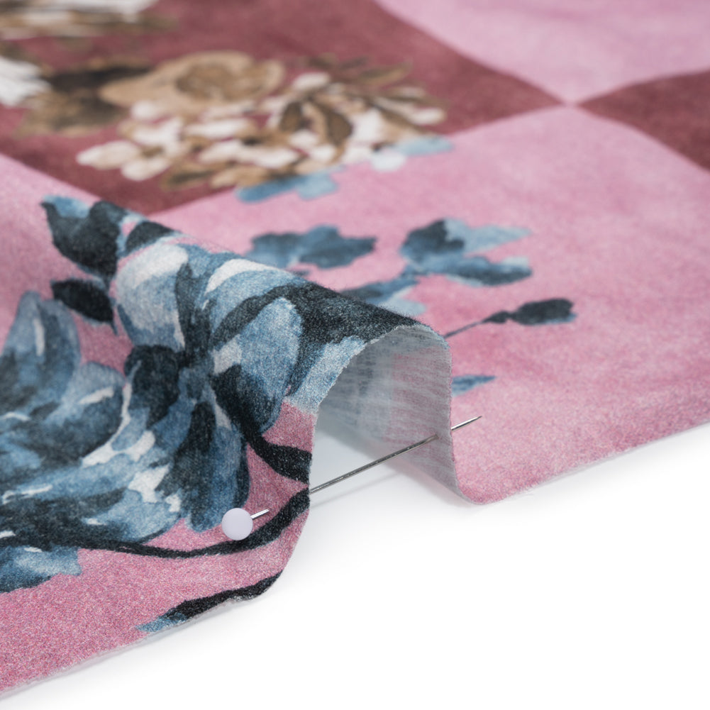 Slubbed Gauzy Cotton Woven - Rose, Brown and Blue Big Floral Checkerboard - Mood Exclusive Checkerbloom Print - Detail Slubbed Gauzy Cotton Woven - Rose, Brown and Blue Big Floral Checkerboard - Mood Exclusive Checkerbloom Print - Detail